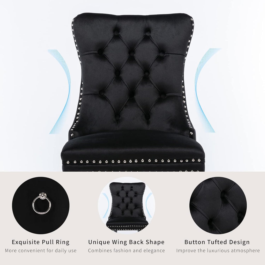 ODUSE-DAILY Black Velvet Dining Chairs Set of 8, Kitchen & Dining Room Chairs, Four Fabric Tufted Dinning Chairs, Velvet Upholstered, Wing Back, Metal Pull Ring, Wood Frame, Mid Century Modern