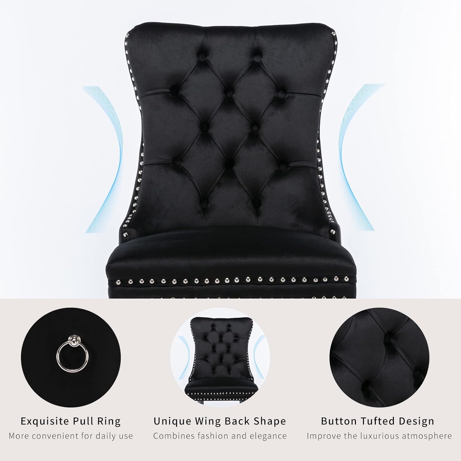 ODUSE-DAILY Black Velvet Dining Chairs Set of 8, Kitchen & Dining Room Chairs, Four Fabric Tufted Dinning Chairs, Velvet Upholstered, Wing Back, Metal Pull Ring, Wood Frame, Mid Century Modern
