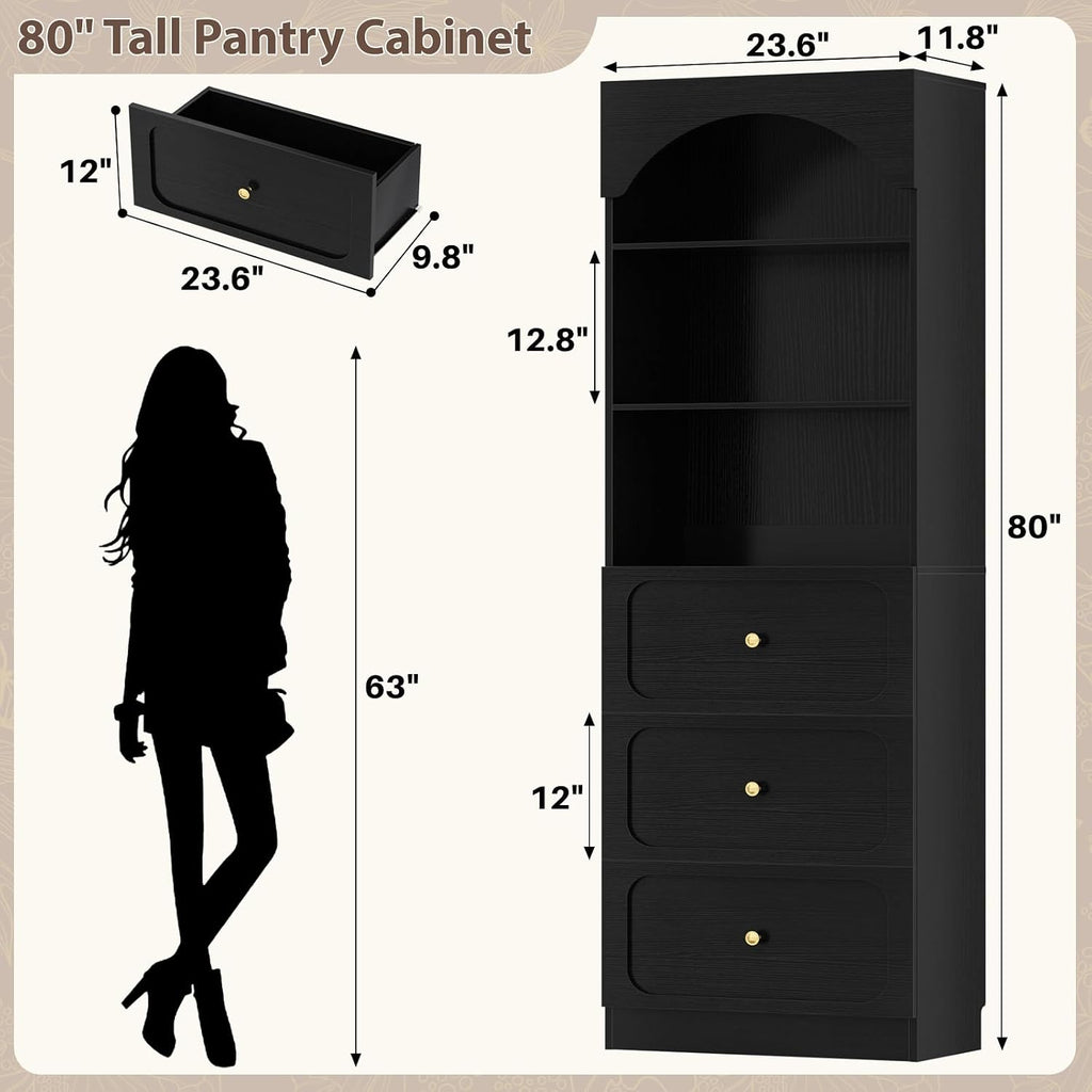 Cyclysio 80" Kitchen Pantry with 6 Drawers, Extra Tall Arch Storage Cupboard with 6-Tier Open Shelves, Freestanding Wood Shelf with Baseboard Cutout for Dining Living Room Bathroom Furniture