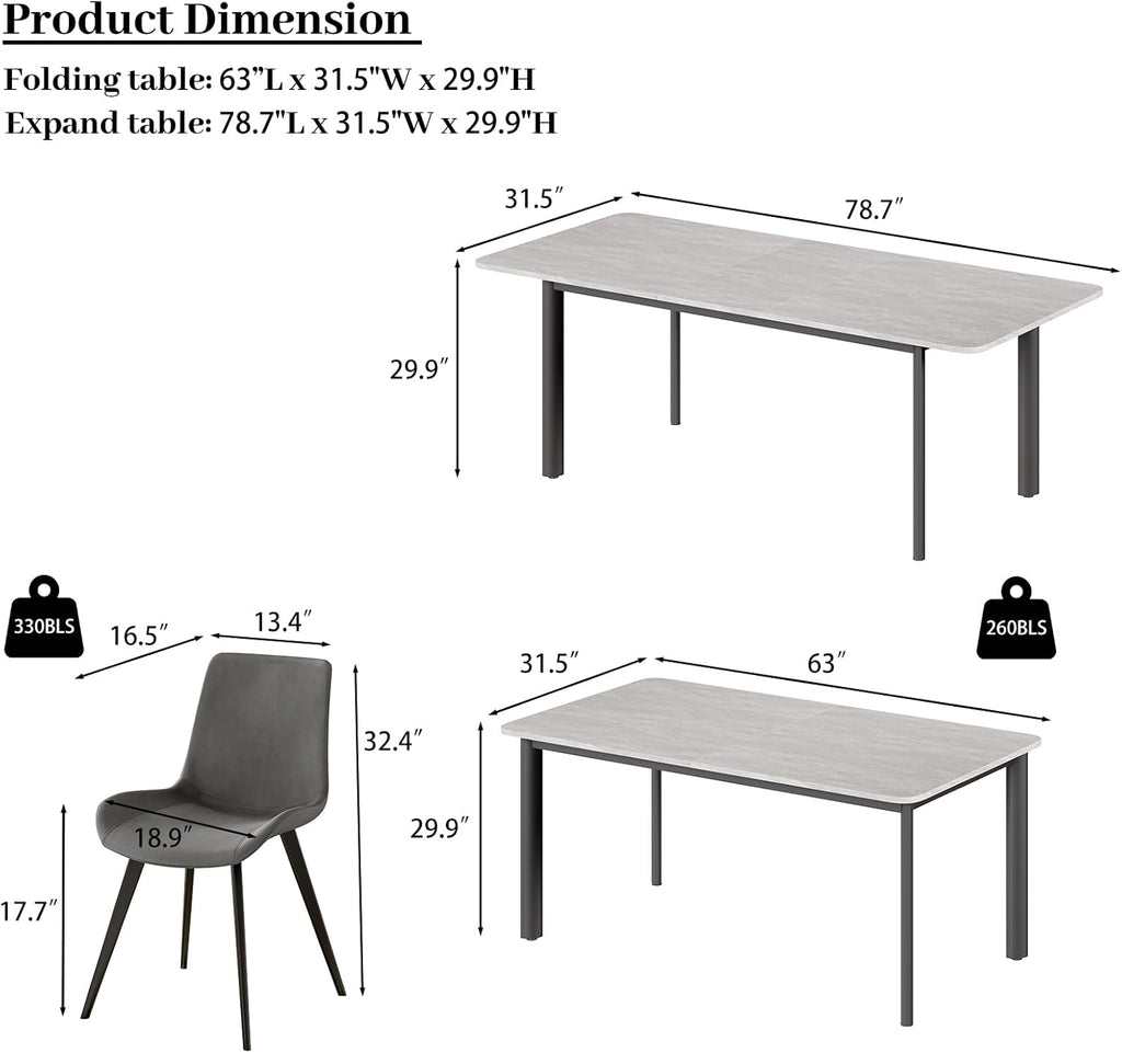 HIPIHOM 63"- 78.7" Extendable Dining Room Table Set for 6, Modern Kitchen Table with 6 Dining Chairs for 4-6 Person, Thickened Expandable Wooden Table with Metal Legs for Dining Room, Kitchen