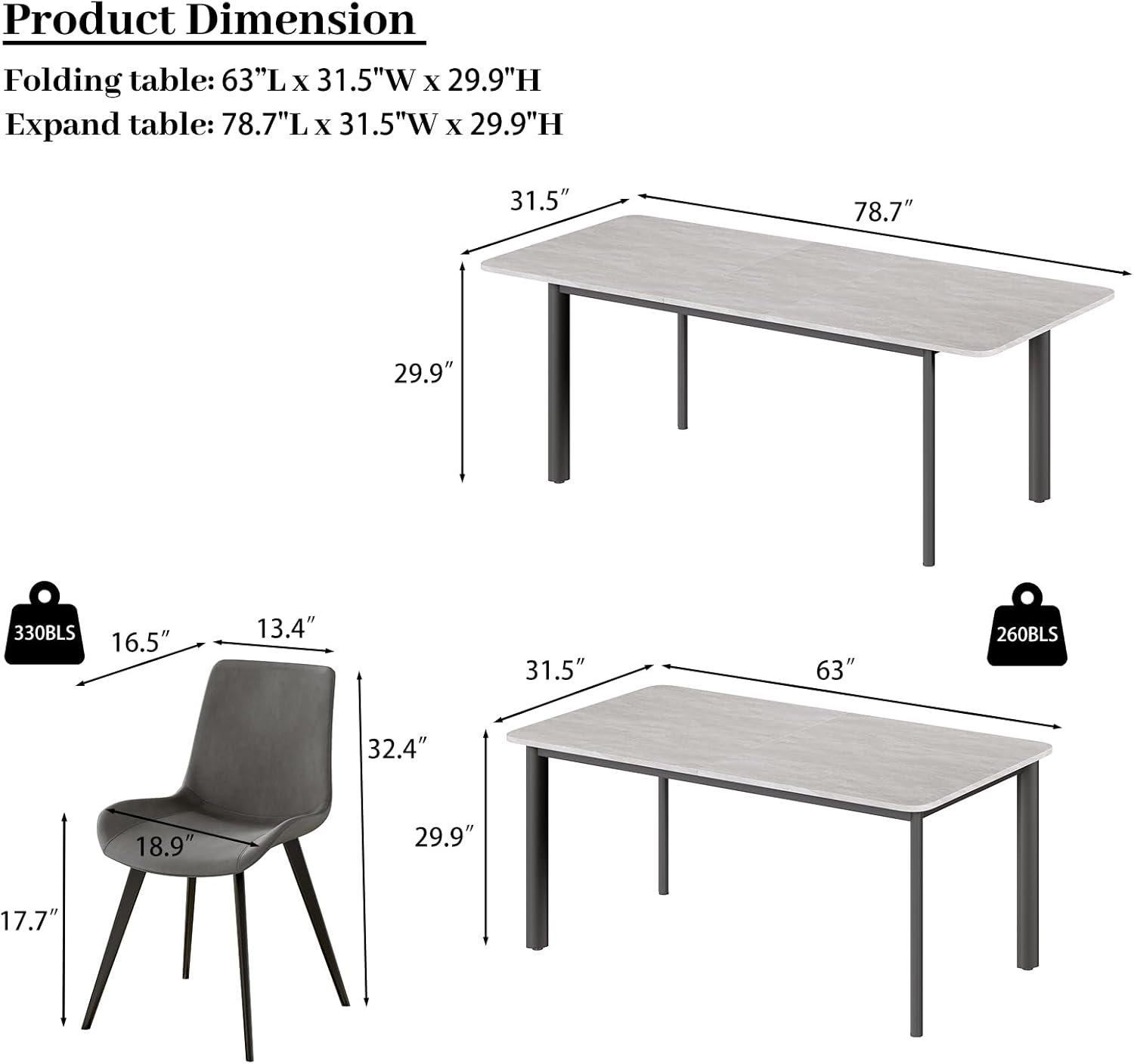 HIPIHOM 63"- 78.7" Extendable Dining Room Table Set for 6, Modern Kitchen Table with 6 Dining Chairs for 4-6 Person, Thickened Expandable Wooden Table with Metal Legs for Dining Room, Kitchen