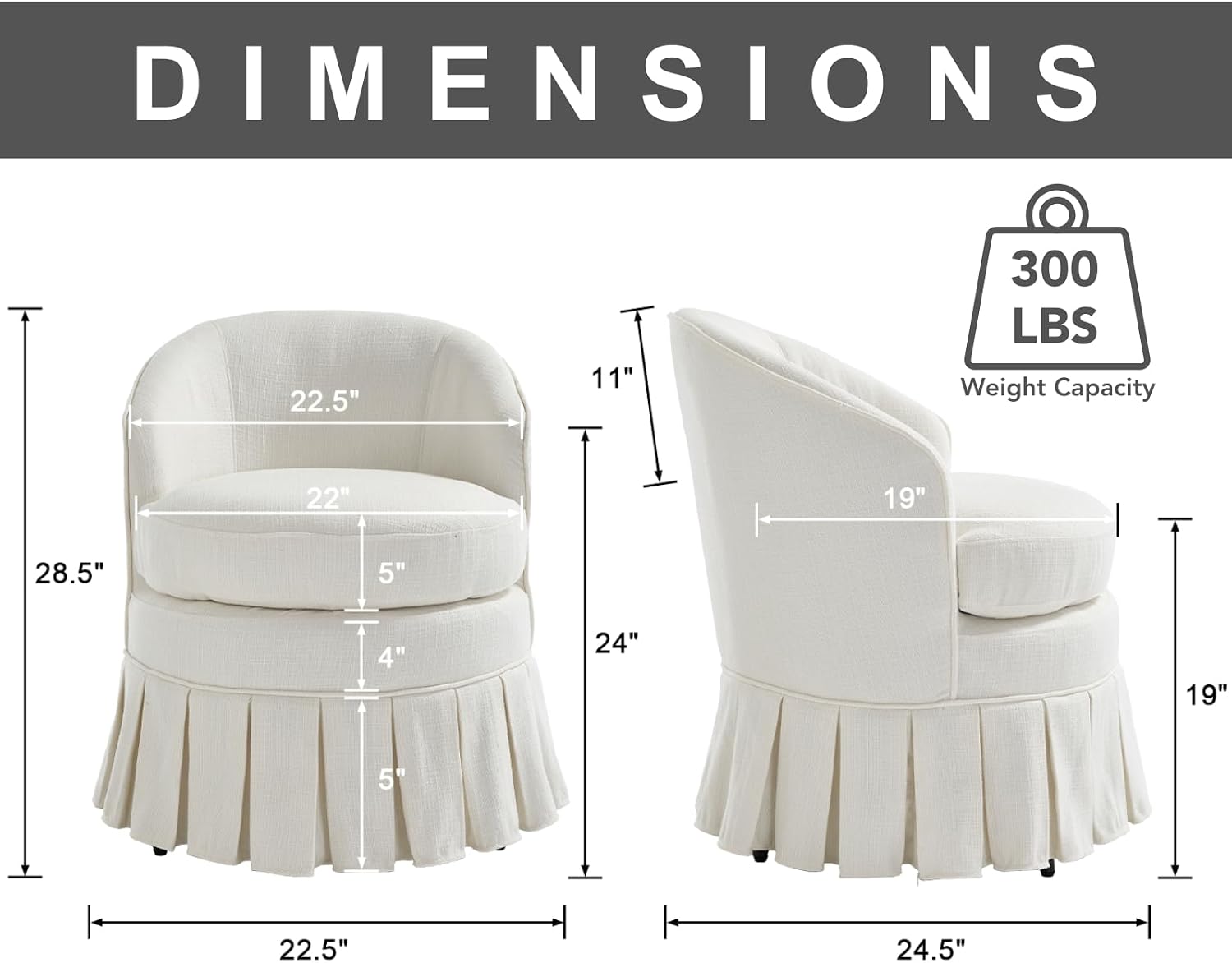 chairus Upholstered Dining Chairs Set of 2, Linen Barrel Dining Room Chairs with Pleated Skirt & Metal Legs, Modern Farmhouse Slipcovered Side Kitchen Chairs, Cream White