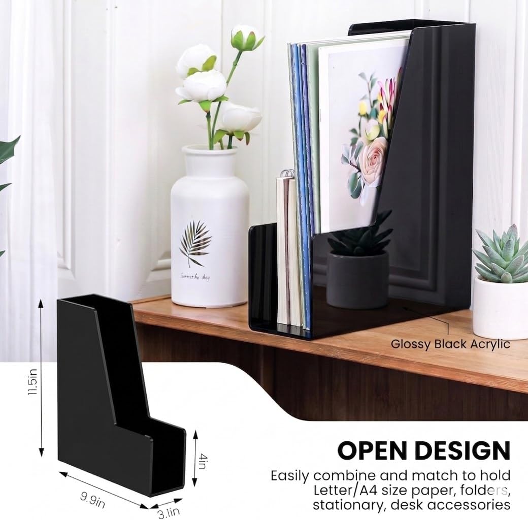 LALOBLUE 4 Pack Black Vertical Magazine File Holder Desk Organizer Bins | Plastic, Holds Magazines, Binders, Notebooks, Envelopes, 4 Pack Black Vertical Magazine File Holder Desk Organizer Bins