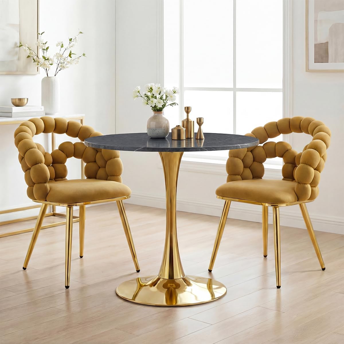 Marble Pattern Round Dining Table for Small Space,32" Tulip Tables with Gold Metal Pedestal Base,Bistro Table for 2/3/4 People for Office,Apartment,Kitchen,Break Room(Only Table)