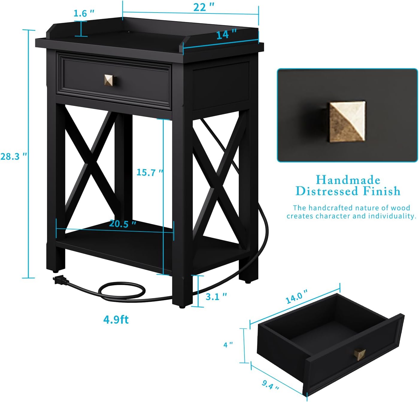 karlott 28" Nightstand with Charging Station, Solid Wood Night Stand with Pre-Assembled Drawer, Painted Bedside Table with Storage Shelf, Farmhouse End Side Table for Bedroom, Living Room, Black