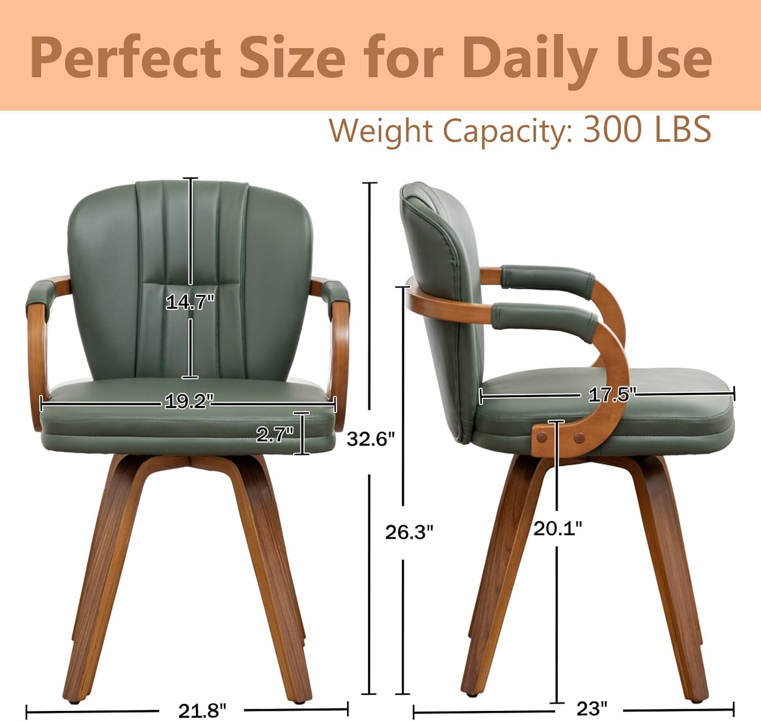 Swivel Dining Chairs Set of 2 Mid Century Modern Green Faux Leather Upholstered Kitchen Chairs with Bentwood Frame Armrests Side Chairs,Comfortable Ergonomic Wood Accent Chair No Wheels