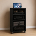 Rolling Audio Rack with Glass Door, Heavy Duty Media Cabinet with Cable Management and dust Protection, Modern Living Room/Bedroom/Video Home Theater Cabinet (3-Tier)