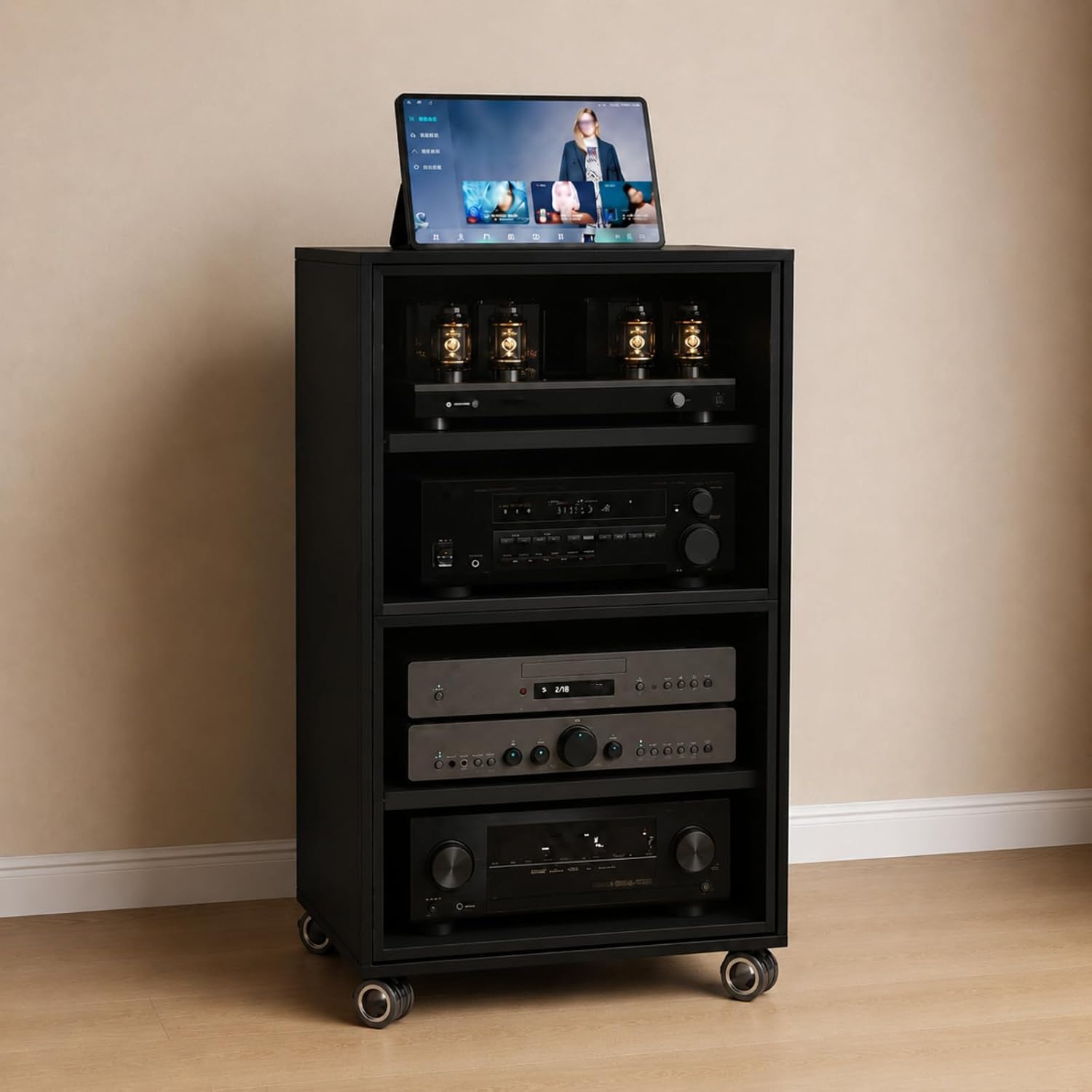 Rolling Audio Rack with Glass Door, Heavy Duty Media Cabinet with Cable Management and dust Protection, Modern Living Room/Bedroom/Video Home Theater Cabinet (3-Tier)