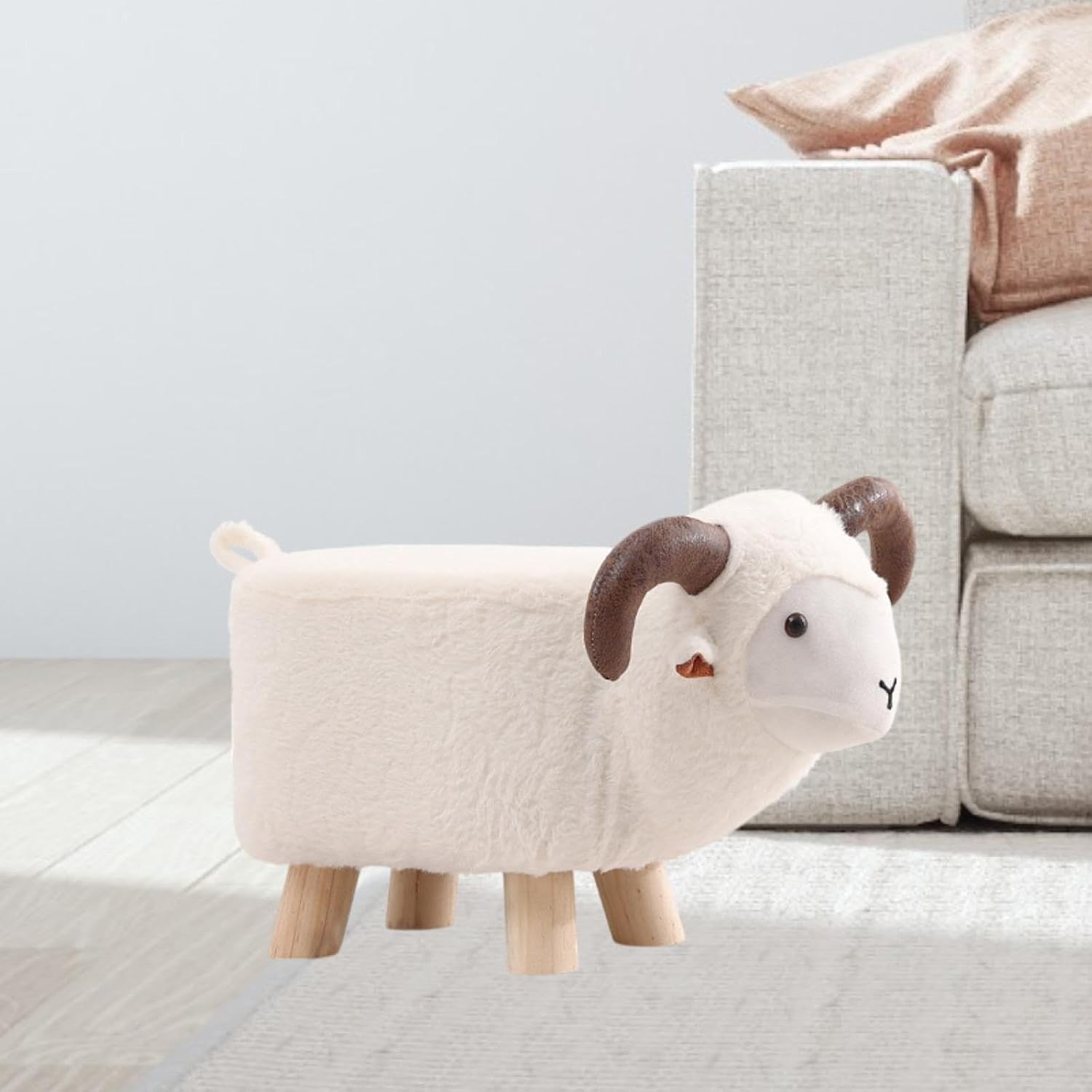 Animal Footstool Teddy Velvet Wood Legs Non-Slip Feet Ottoman Stool for Playroom Living Room Entryway 19.69x8.66x11.02 inch- White