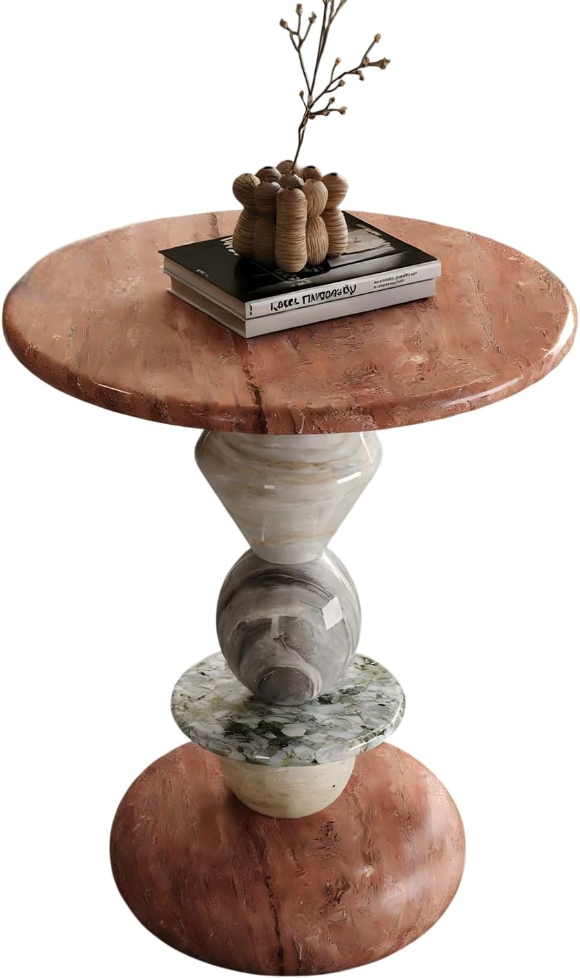 Modern Marble Side Table, Round Accent Table with Sculptural Stone Base, Luxury Small Coffee Table for Living Room, Bedroom, Sofa End Table