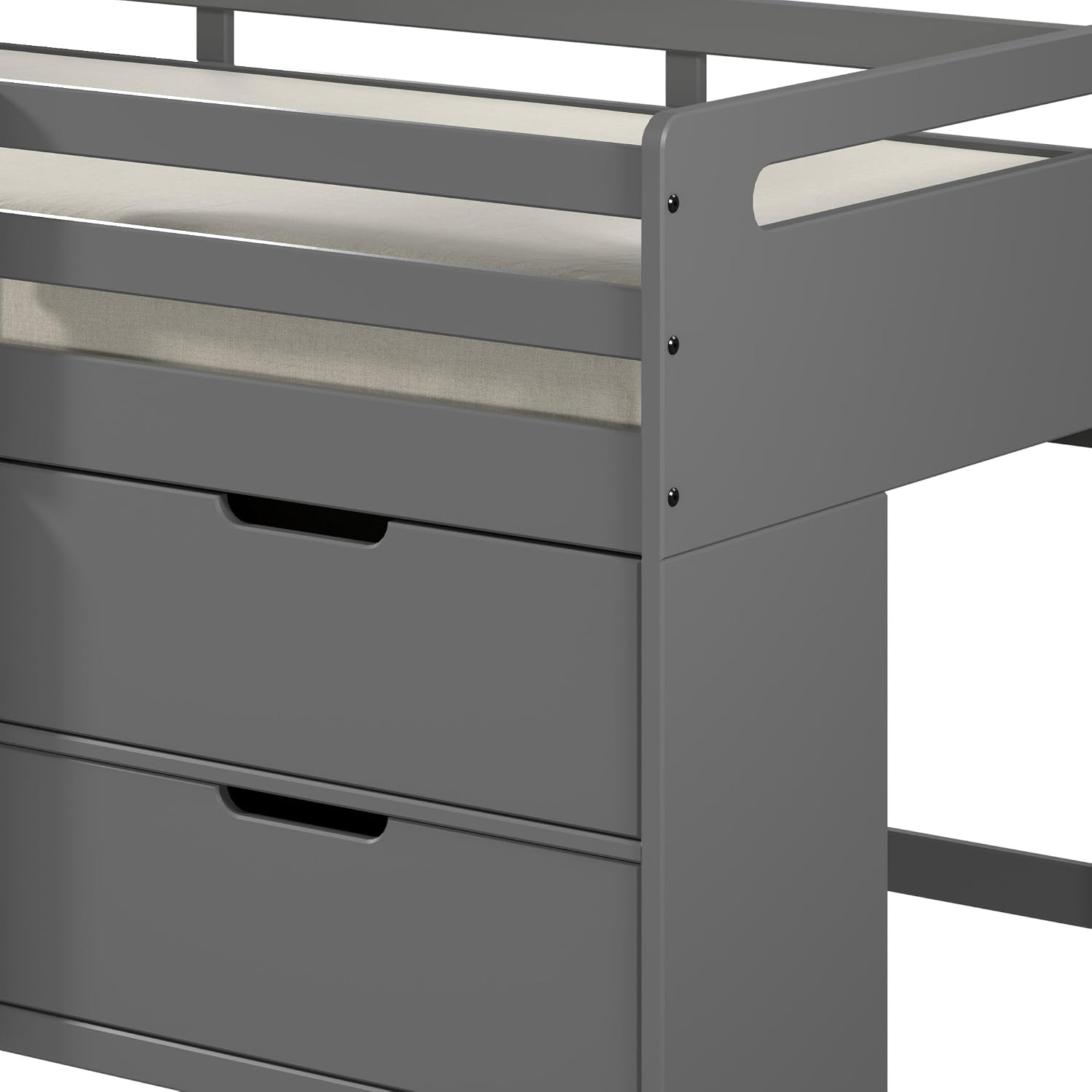 Grey Twin Loft Bed with Built in Drawers and Bookshelf