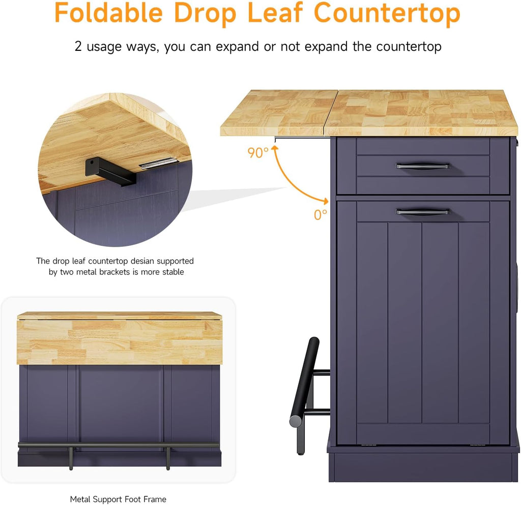 ONBRILL Stationary Kitchen Islands Include 2 Chairs, 47" Kitchen Island with Drop Leaf, Home Bar Table with Spice Rack & with Trash Cabinet, Island Table for Dining Room with Power Outlet, Blue