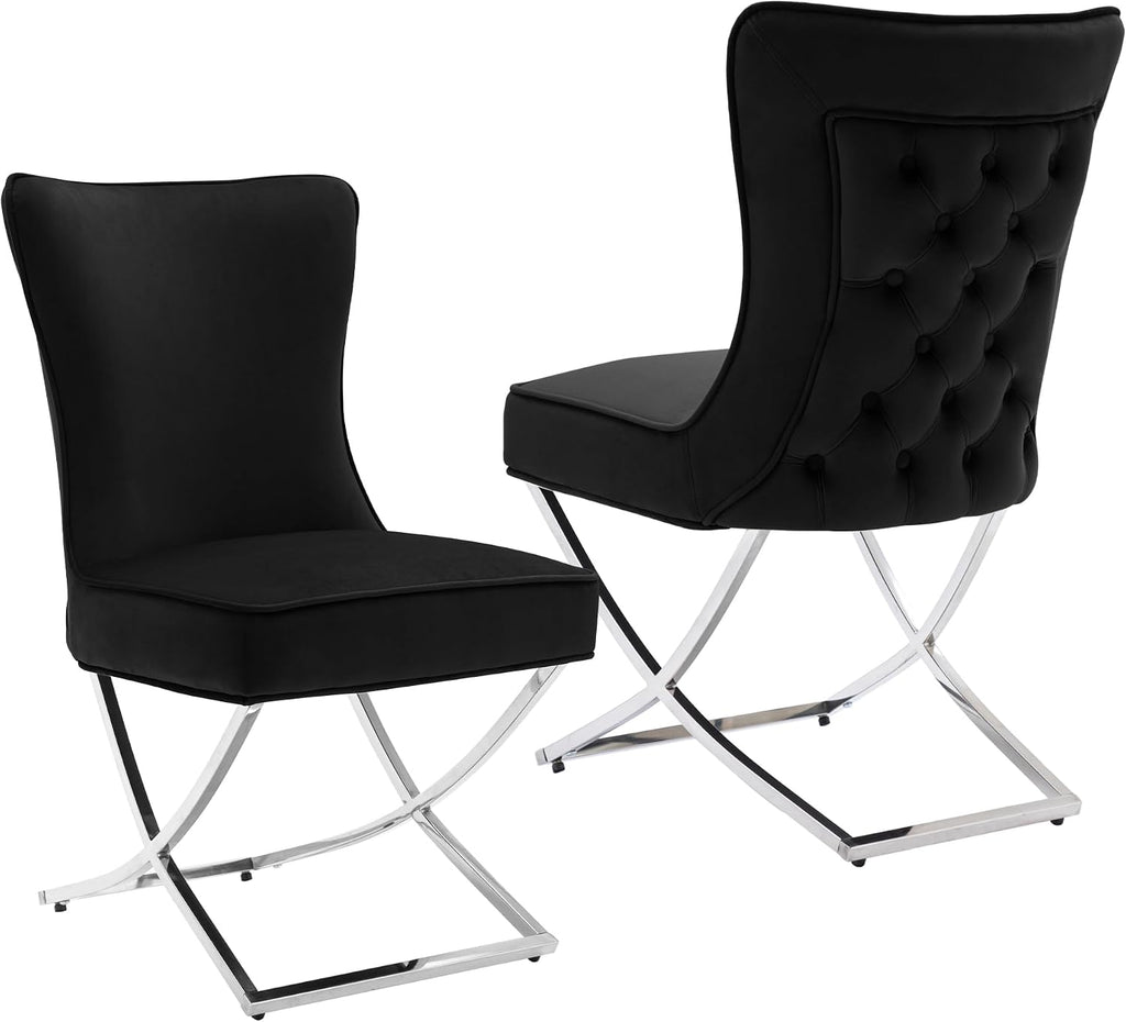 LOULENS Elegance Velvet Dining Chairs Set of 2, Luxurious Upholstered Tufted Dining Room Chairs, Glam Royal Velvet Accent Chairs with Stainless Steel Legs, Black