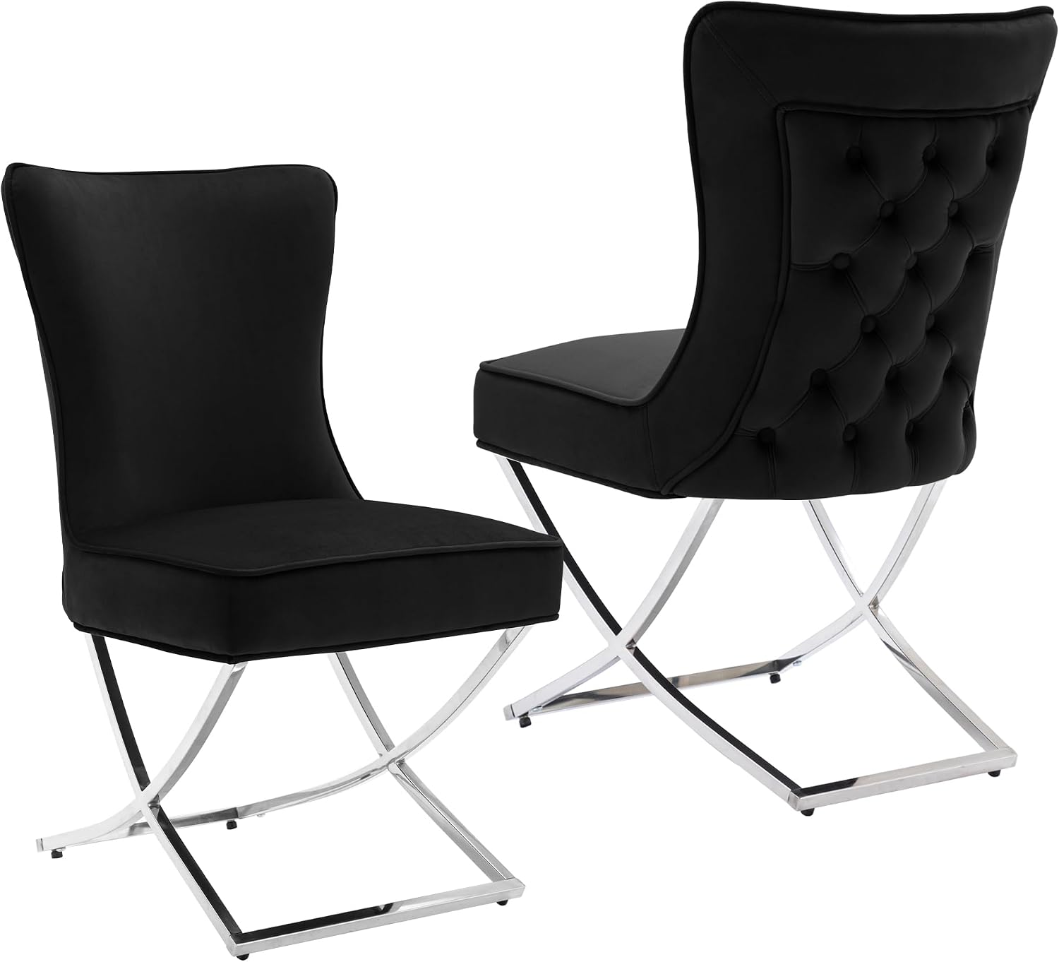 LOULENS Elegance Velvet Dining Chairs Set of 2, Luxurious Upholstered Tufted Dining Room Chairs, Glam Royal Velvet Accent Chairs with Stainless Steel Legs, Black