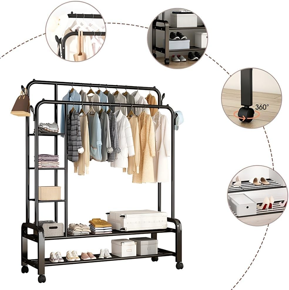 Double Rail Wardrobe nizer - 2-Tier Stora Shelf with 4 Hoo & Wheels - Versatile Closet nizer for Bedroom & Retail - Space-Saving Design (150x50x162cm)