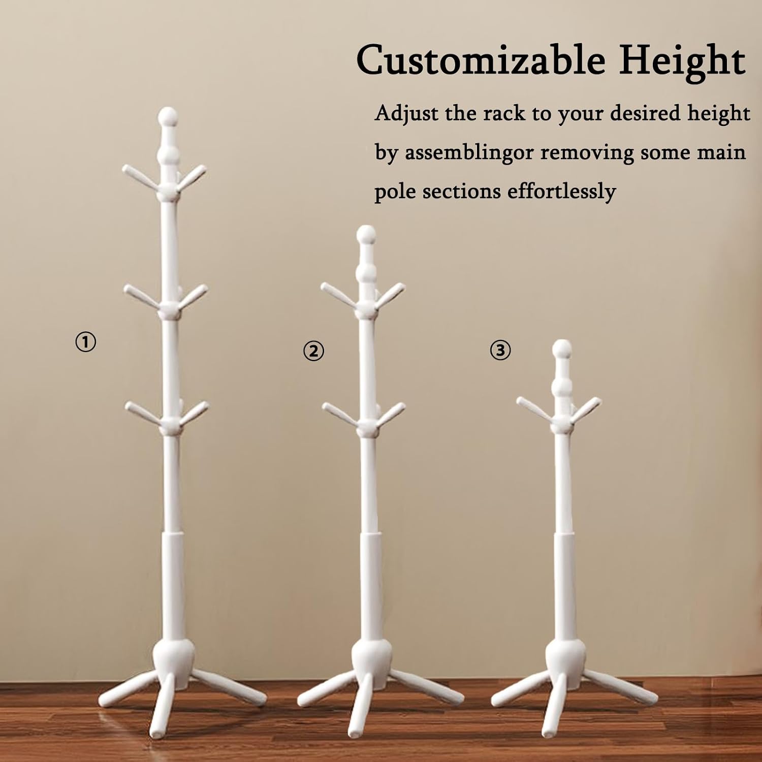 Solid Wood Coat Rack Stand, Morden Heavy Duty Coat Hanger Stand with 9 Hooks, 3 Adjustable Size Sturdy Coat Tree for Living Room, Entryway, Office, Hallway, White