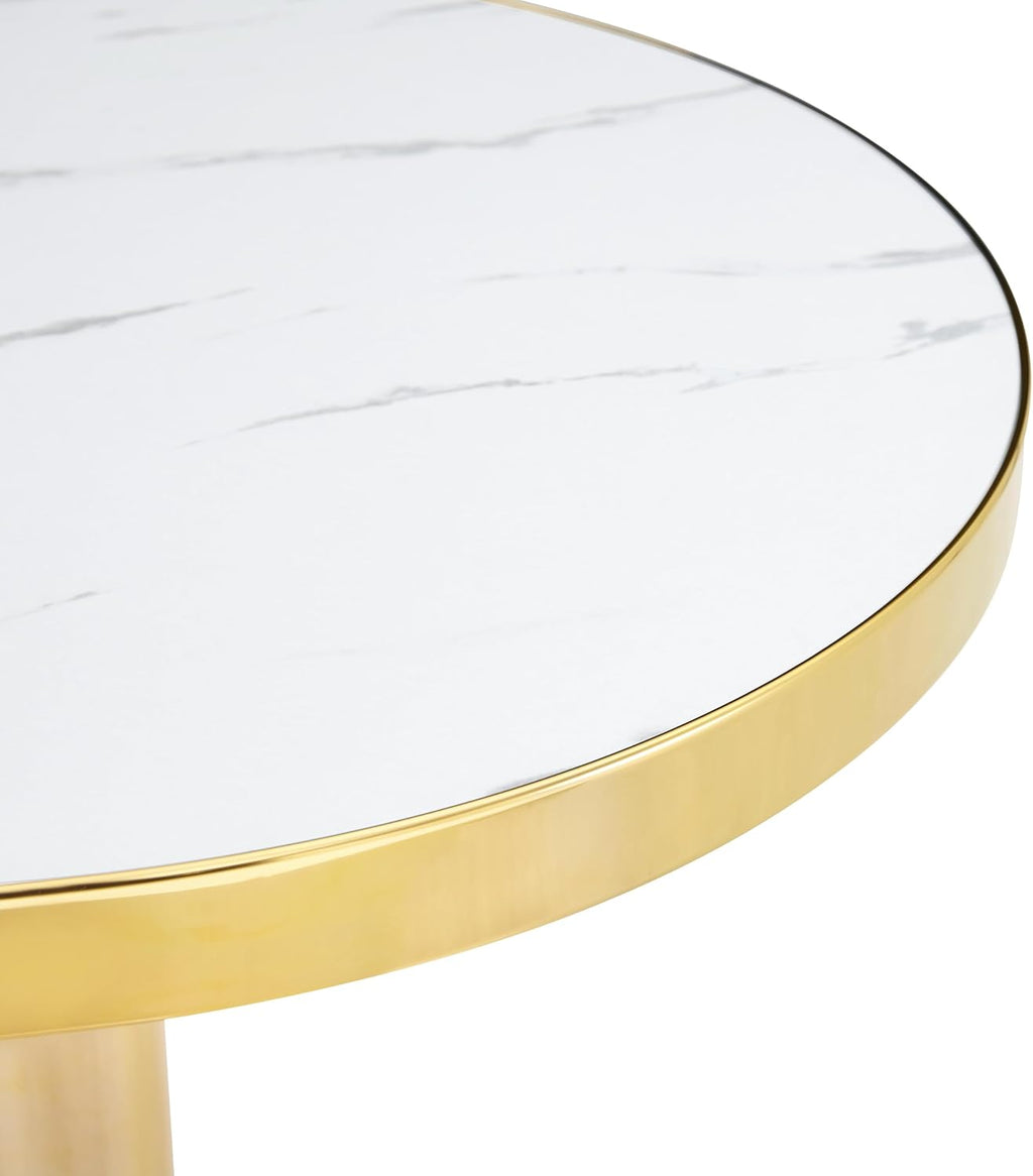 gopop 23.6" Modern Small Table for 2, Round Bar Table with Faux Marble Tabletop, Golden Edge & Base, Space Saving, Ideal for Cafe/Small Spaces/Apartment, White
