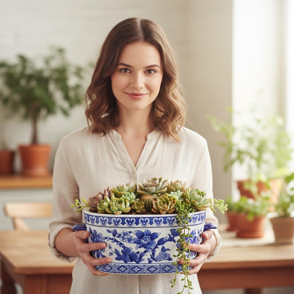 Blue and White Ceramic Planter Pot – Vintage Floral Oval Cachepot Vase for Indoor Plants, Flowers & Succulents – Glazed Chinese Porcelain Style Decorative Bowl – 7.4" or 10.6" Size – No Drainage