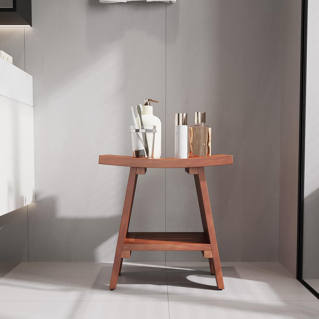 EROMMY Teak Shower Bench with Storage Shelf, 18.3" H Solid Wood Shower Stool, Water Resistant Bathroom Bench, Shower Seat and Shaving Foot Rest for Indoor & Outdoor Use