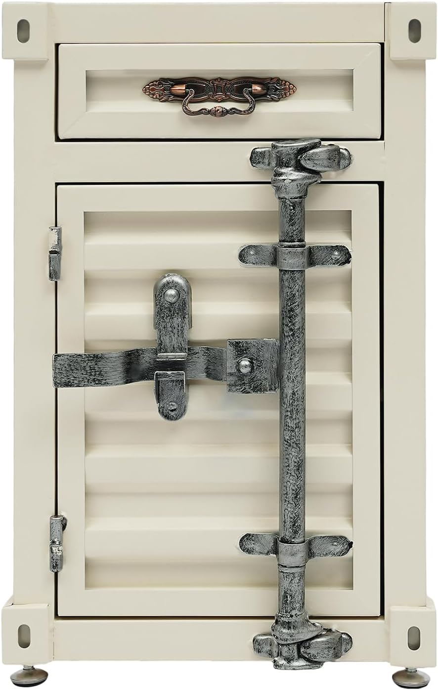 Industrial Wind Bedside Table, Container Style Locker Wrought, Iron Container Side Table with Metal Combination Lock for Living Room, Bar, Office (Creamy White, 12.6 x 12.6 x 19.69in)