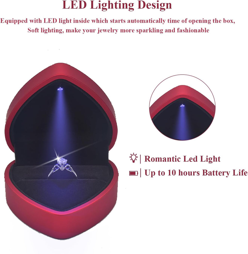 Luxury LED Lighted Ring Box - Heart Shaped Elegant Red Ring Case for Wedding Rings, Perfect for Engagement, Proposal, Anniversary, Ceremony, and Gift Giving