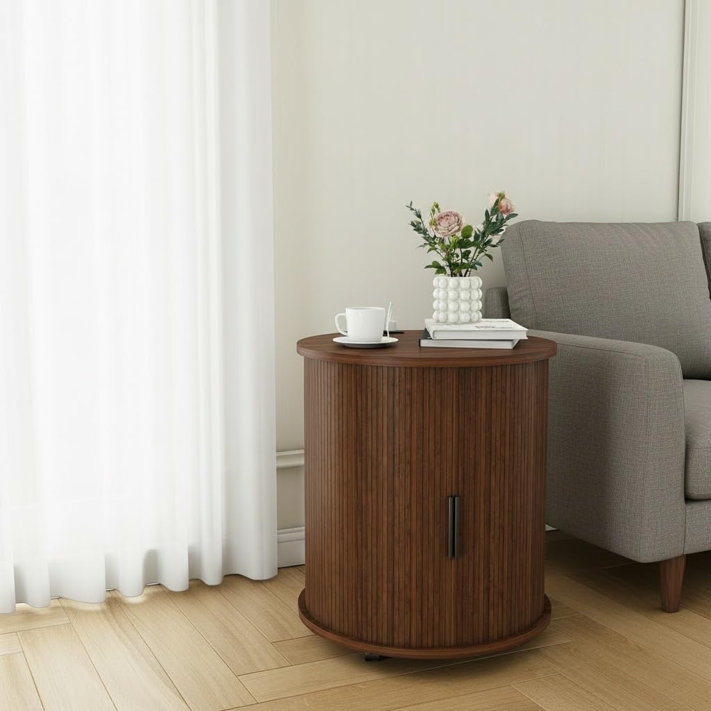 23.62" Mid-Century Mobile Round End Table with Charging Station, Modern Side Table with Slide Door & 2-Tier Storage - Rolling Fluted Nightstand for Living Room Bedroom,Walnut (1)