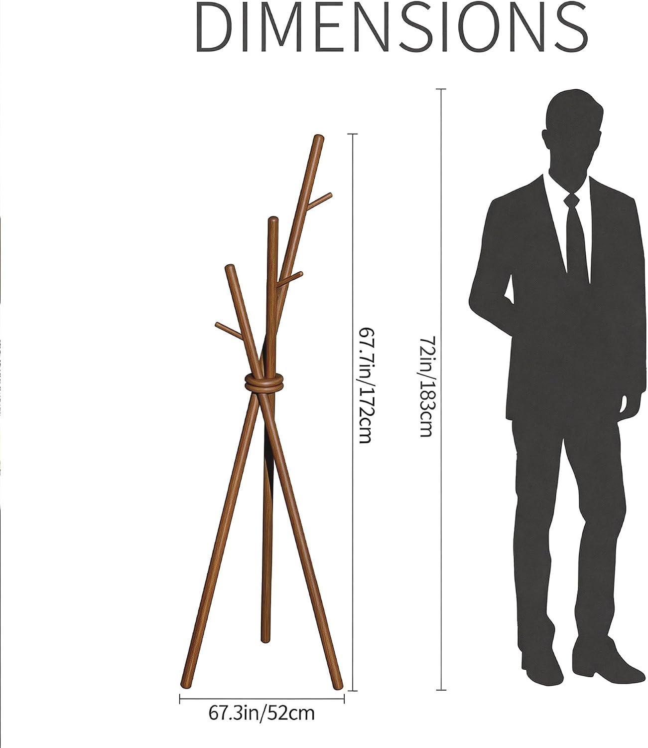 VICITON Wooden Coat Rack, Tripod Coat Tree Freestanding with 3 Hooks for Clothes, Hats and Handbags, Coat Hanger Stand for Bedroom, Living Room, Entryway (Dark)