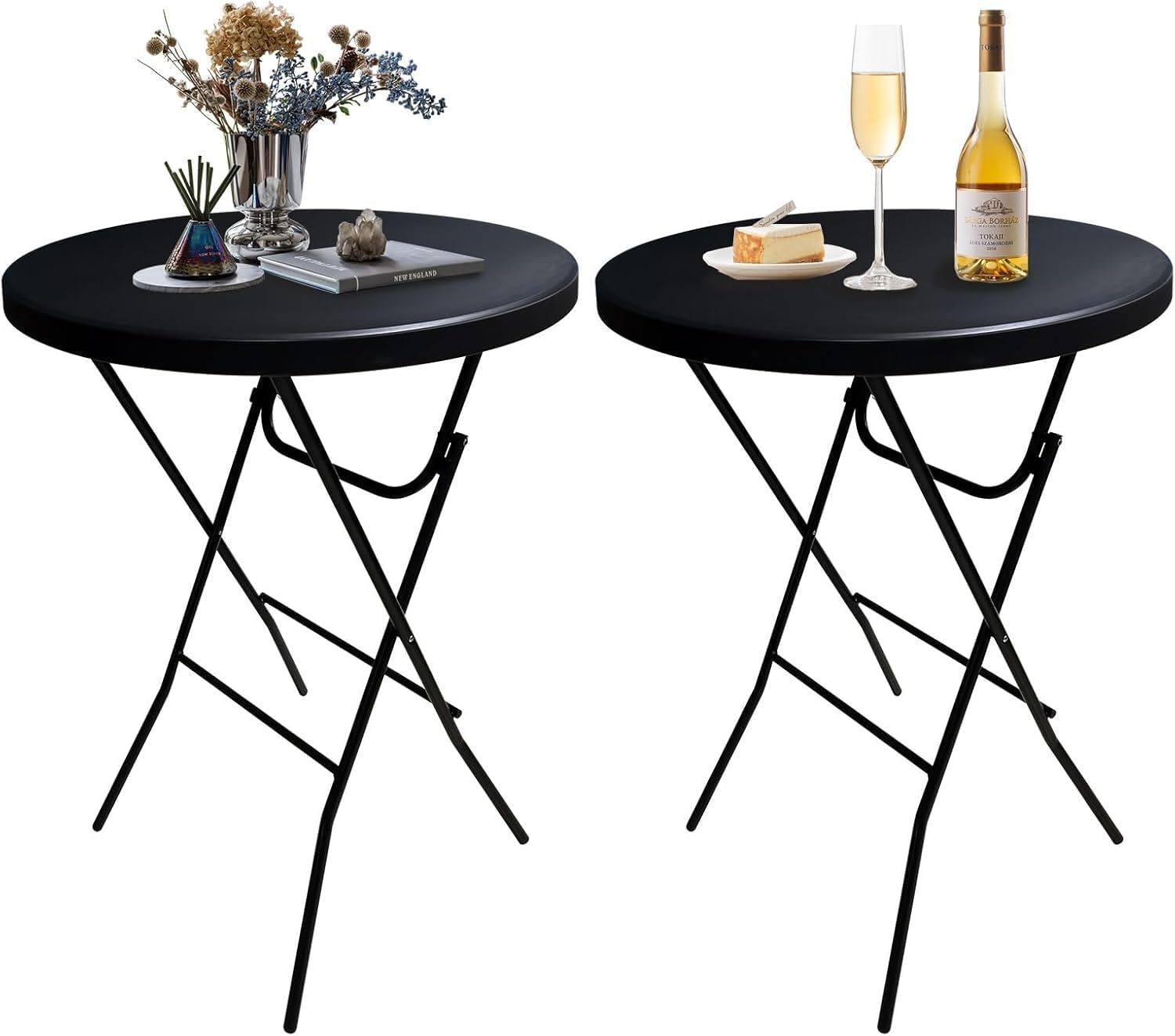 32in Cocktail Table, Folding Round High Top Indoor Outdoor Use, Foldable Bar Height Table for Parties and Commercial Events (Black, 2 Pcs)