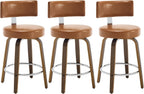 Bekrvio Swivel Counter Height Bar Stools Set of 3, 26" Faux Leather Kitchen Stools Upholstered Barstools with Back and Walnut Wood Legs, Mid Century Island Chairs Counter Stools, Brown
