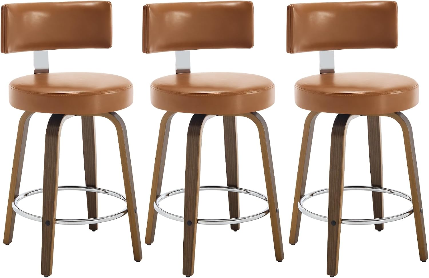Bekrvio Swivel Counter Height Bar Stools Set of 3, 26" Faux Leather Kitchen Stools Upholstered Barstools with Back and Walnut Wood Legs, Mid Century Island Chairs Counter Stools, Brown