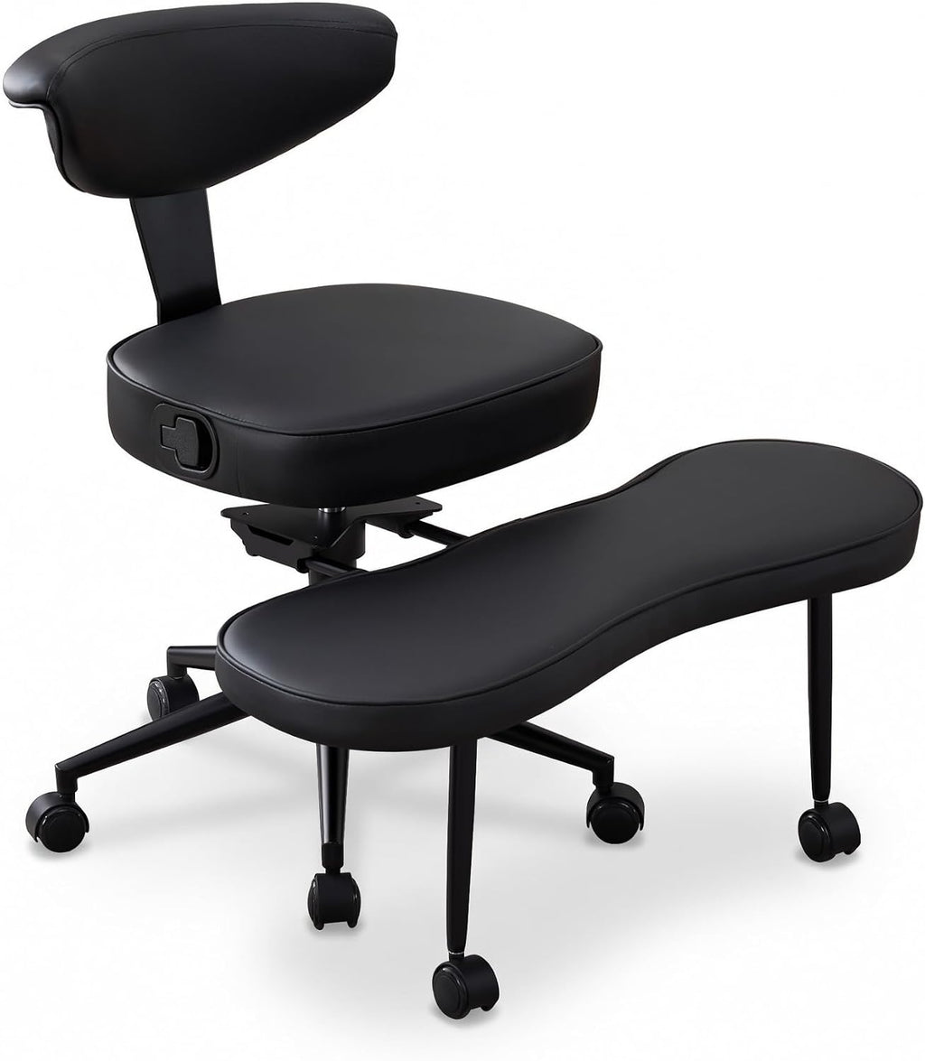 Ergonomic Cross-Legged Office Chair – Adjustable Height, Enhanced Lumbar Support, 360° Swivel, Wide Meditation & Yoga Kneeling Seat, Sturdy Steel Base, Wheels – PU Leather Black