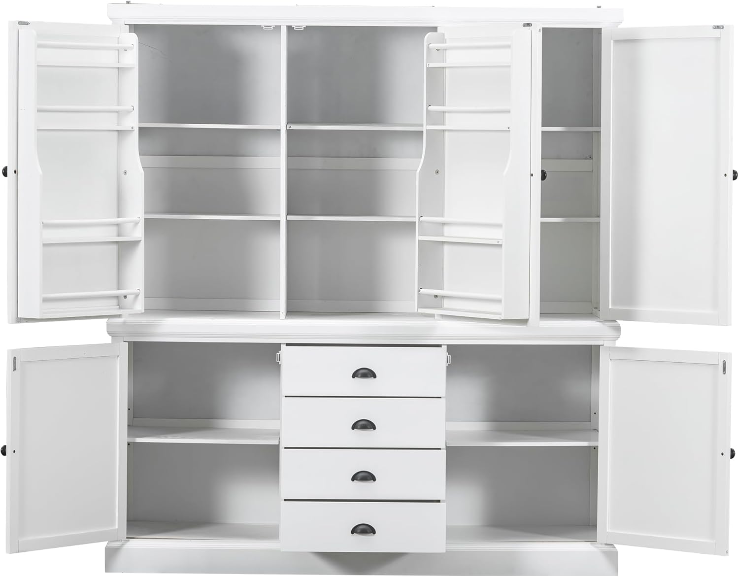 VilroCaz Freestanding Large Kitchen Pantry, Wooden Kitchen Organizers and Storage Kitchen Cabinet with 4 Drawers, Cupboard, 5 Doors, Adjustable Shelves for Dining Room (White-3.15)