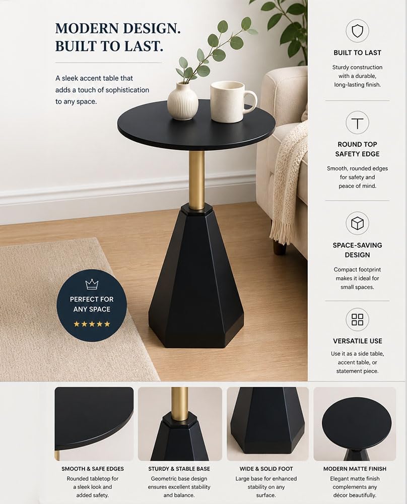 Round Wood Side Table, Coffee Nightstand Cocktail Drink Modern Accent Circle End Table, Wood Pedestal Base for Living Room, Bedroom, Small Spaces, Offices, Black