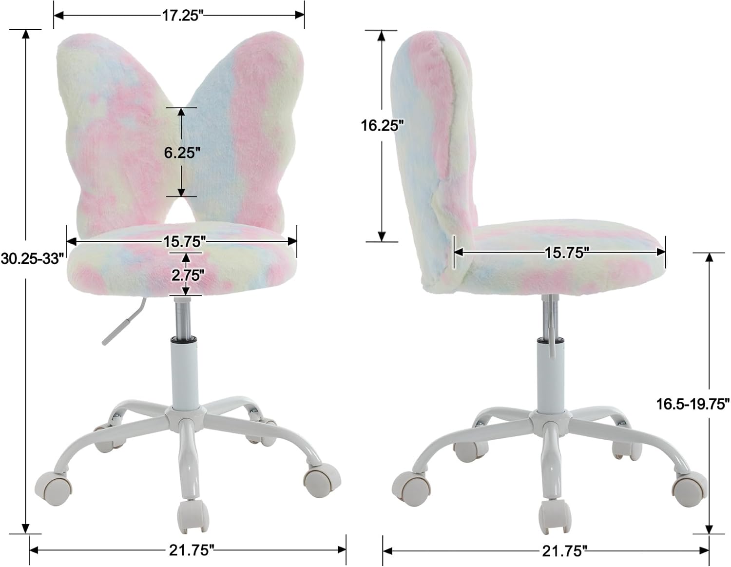 Kmax Kids Desk Chair, Faux Fur Butterfly Chair with Wheels Adjustable Cute Swivel Kids Office Chair for Bedroom Reading Room - Colorful