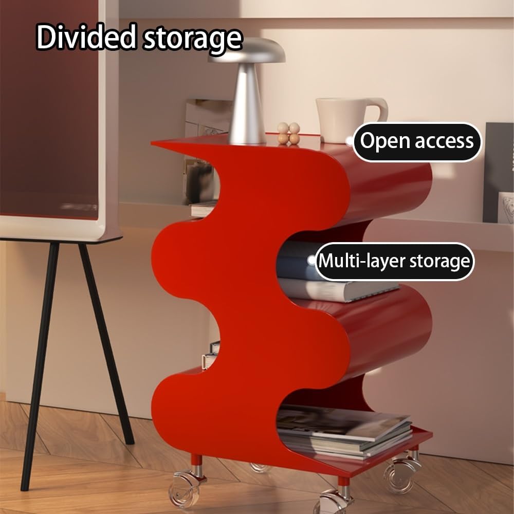 S-Shaped ABS Plastic Side Table, Movable Bedside Table with Wheels, Minimalist and Creative Sofa Table, Small Multi-Layer Magazine Rack, Coffee Table with Storage Function(Red)
