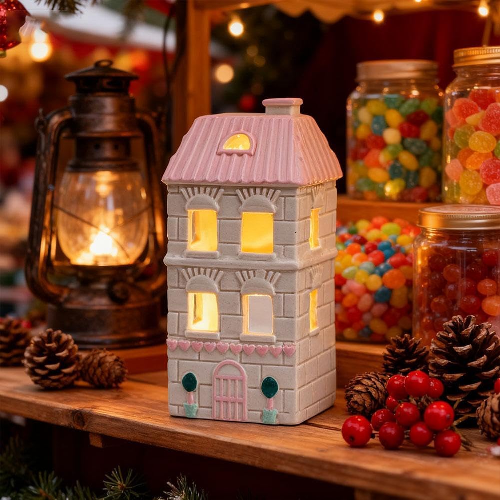 White Christmas Village Houses,LED Lighted Ceramic White Small House and Xmas Tree Tabletop Figurines, Light Up Christmas Decorations for Home Shelf Cabinet Table Winter Deco
