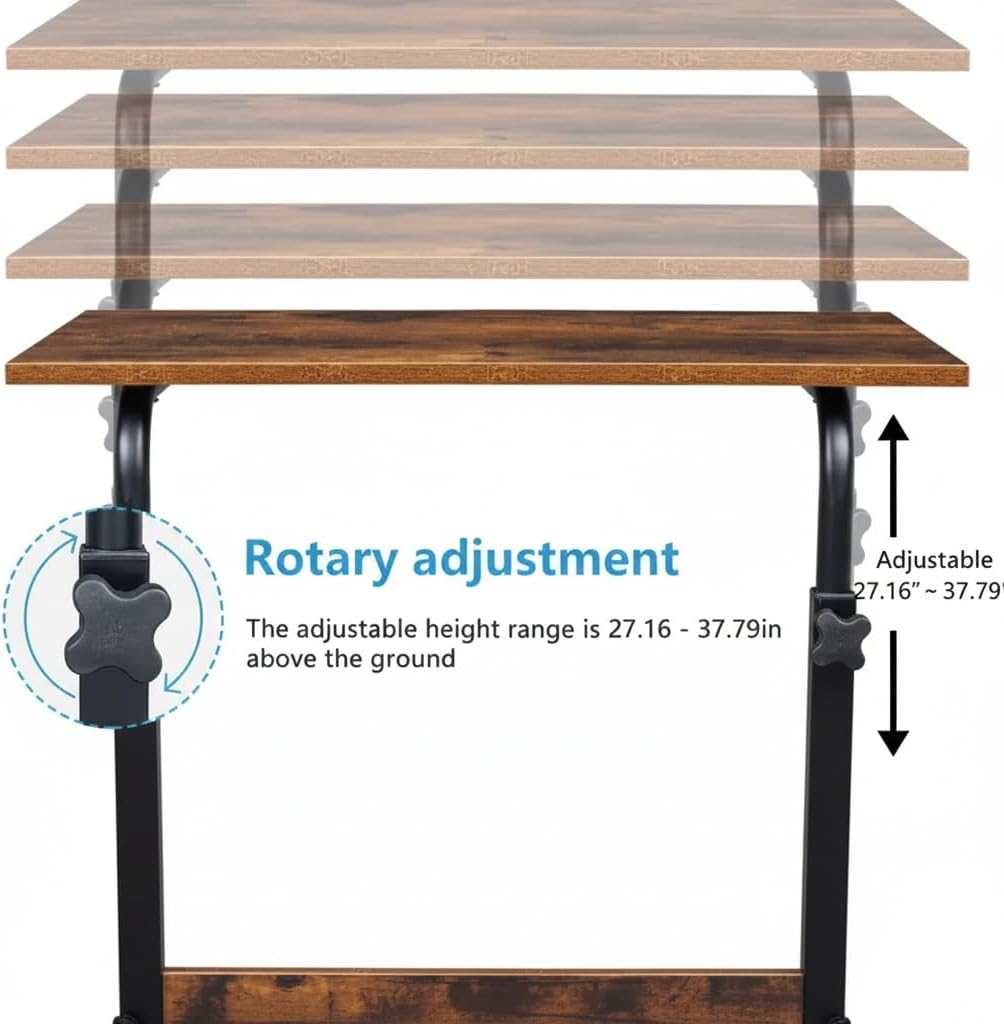 Rolling Height Adjustable C-Shaped Side Table, 15MM P2 Chipboard and Steel Laptop Cart with Edge Stopper, Rustic Brown for Living Room Bedroom Couch Bed