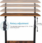 Rolling Height Adjustable C-Shaped Side Table, 15MM P2 Chipboard and Steel Laptop Cart with Edge Stopper, Rustic Brown for Living Room Bedroom Couch Bed