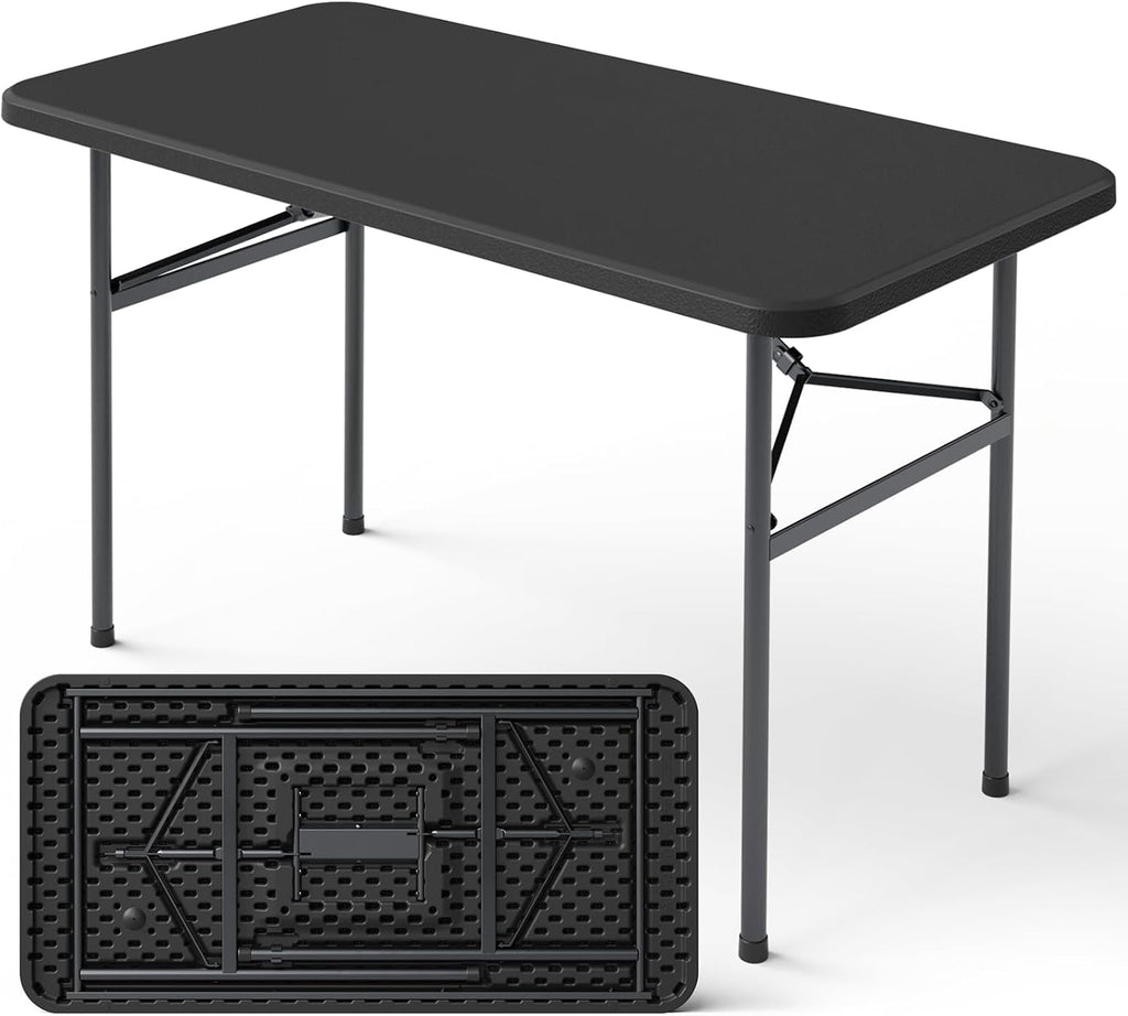 4ft Folding Table with Foldable Steel Legs, Heavy Duty Plastic Foldable Table, Metal Frame, Support up to 400 lb, Portable for Banquet, Craft, Party, Indoor & Outdoor Use, Black