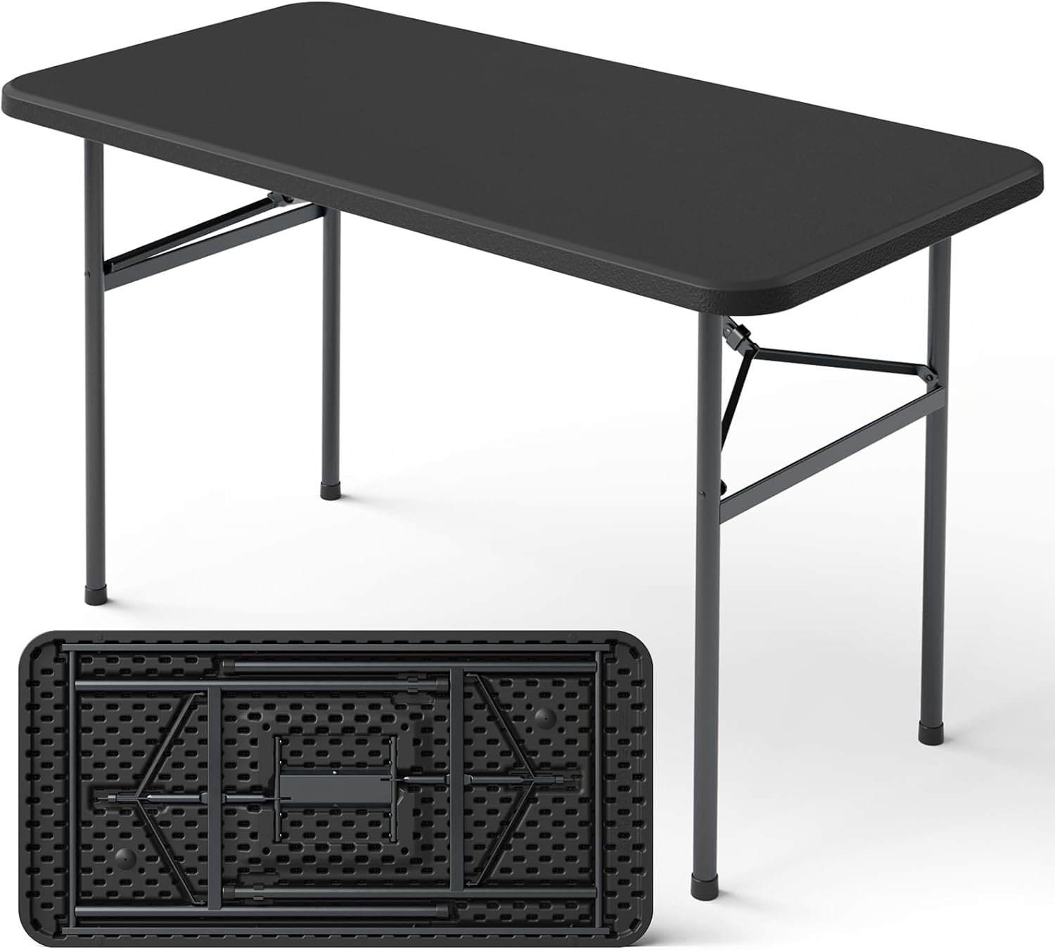 4ft Folding Table with Foldable Steel Legs, Heavy Duty Plastic Foldable Table, Metal Frame, Support up to 400 lb, Portable for Banquet, Craft, Party, Indoor & Outdoor Use, Black