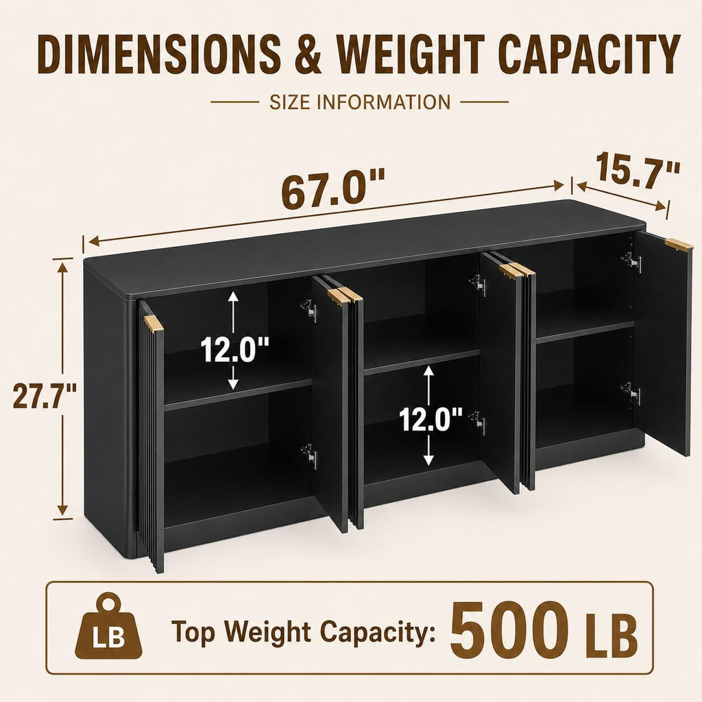 Fluted Sideboard Buffet Cabinet, 67" Credenza Storage Cabinet with 6 Doors,Media Console Table for Living Room Kitchen Entryway,Anti-Tip (Black)