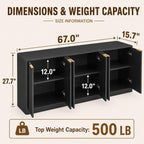 Fluted Sideboard Buffet Cabinet, 67" Credenza Storage Cabinet with 6 Doors,Media Console Table for Living Room Kitchen Entryway,Anti-Tip (Black)