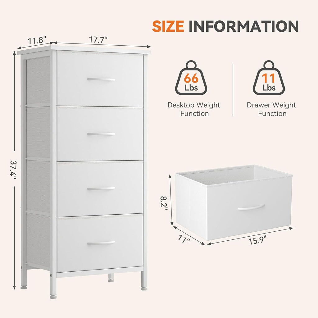 Sweetcrispy Dresser for Bedroom, 4 Drawer Storage Cabinet, Tall Nightstand | Small Fabric White Dresser for Closet, Chest of Drawers, Closet Organizer, Home Furniture, Sturdy Frame