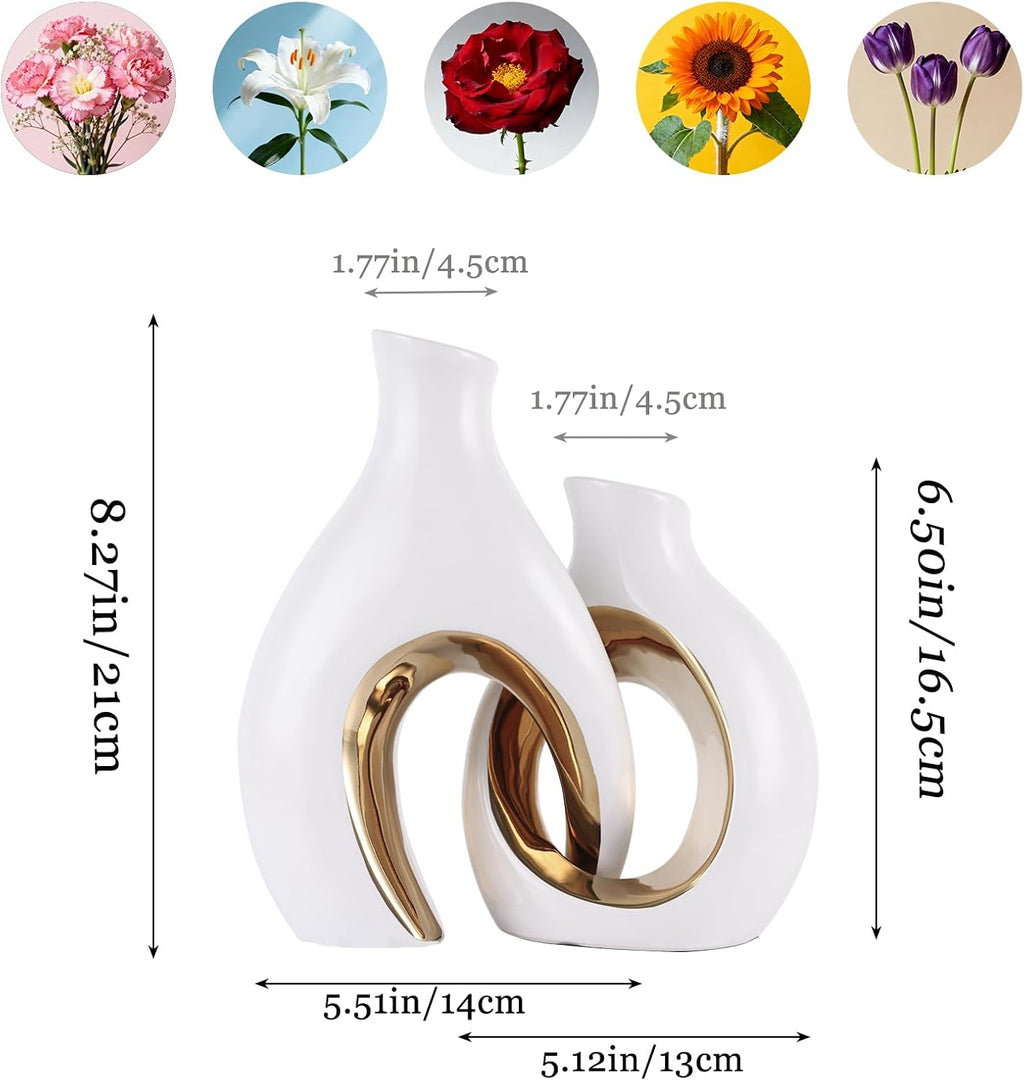 Ceramic Vase Set of 2 for Home Decor, White and Gold Abstract Intertwined Sculptural Vases, Decorative Pottery Centerpiece for Living Room, Dining Table or Entryway, Minimalist Art Decor Gift