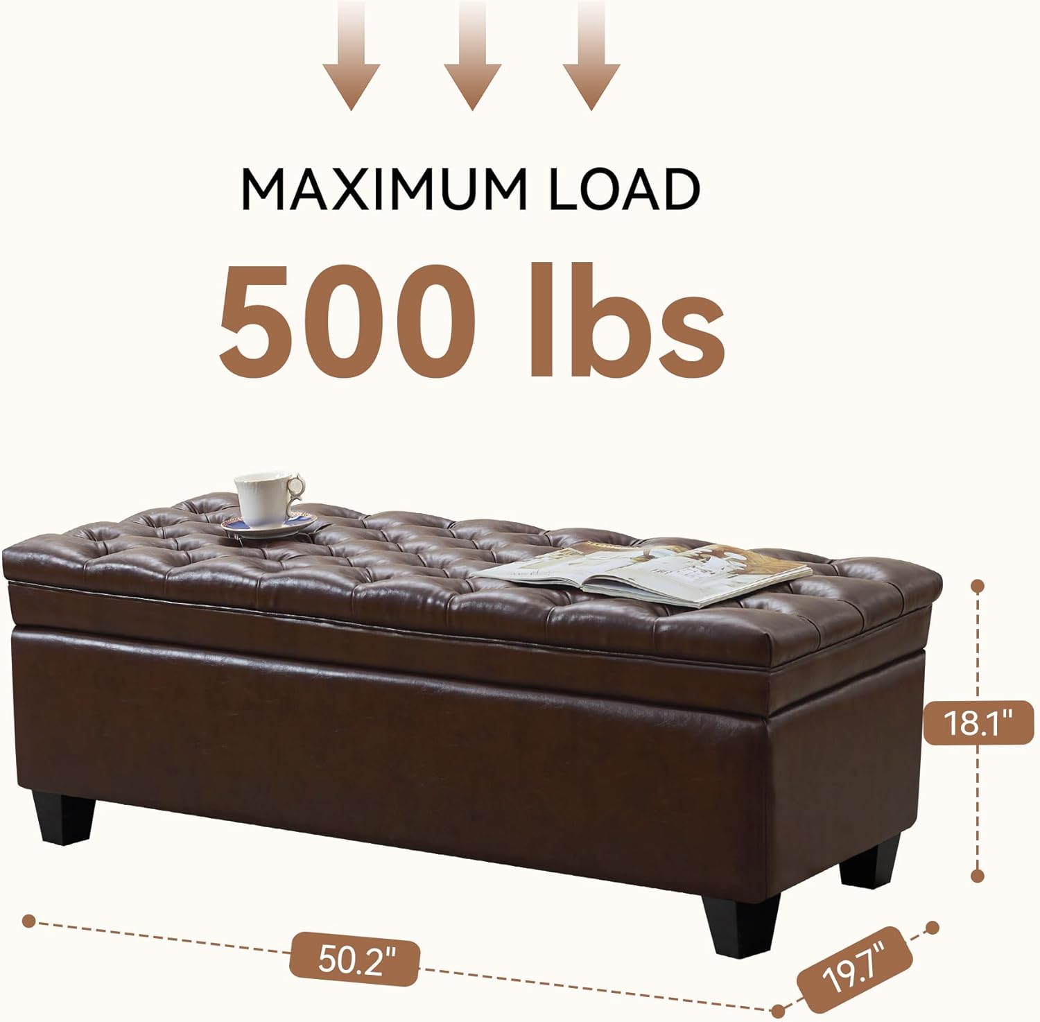 50" Faux Leather Storage Ottoman Bench, Rectangular End of Storage Bench, Upholstered Large Tufted Ottoman with Storage for Living Room, Bedroom, Entryway,Dark Brown