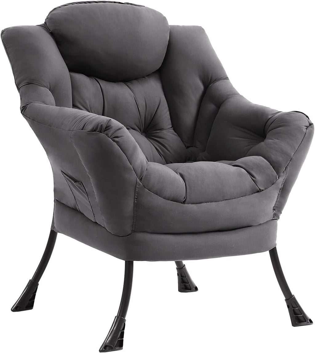 MBOOYOME Lazy Chair, Modern Accent Chair with Armrests, Side Pocket & Metal Frame, Comfy Leisure Chair for Living Room, Bedroom, Dorm & Office, Dark Grey