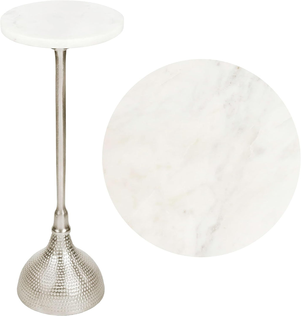 JONATHAN Y Ava Marble Top Drink Table with Hammered Nickel Pedestal, 23.75" Tall Round Martini Side Table for Small Spaces, Contemporary Metal Accent Cocktail Stand for Living Room END4001B