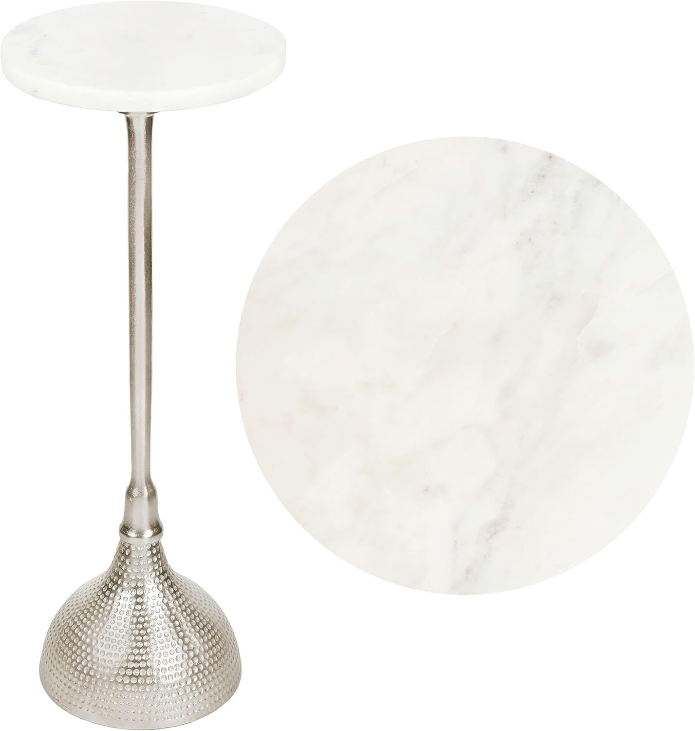 JONATHAN Y Ava Marble Top Drink Table with Hammered Nickel Pedestal, 23.75" Tall Round Martini Side Table for Small Spaces, Contemporary Metal Accent Cocktail Stand for Living Room END4001B