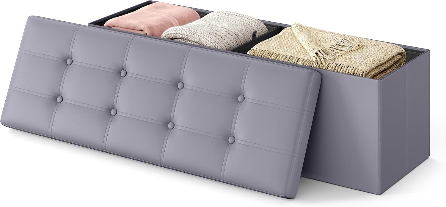 SONGMICS HOME Storage Ottoman, Removable Lid, Foldable Foot Stool, PU Leather, for Entryway, Living Room, Bedroom, 15.2 x 43.2 x 15.2 Inches, Light Gray