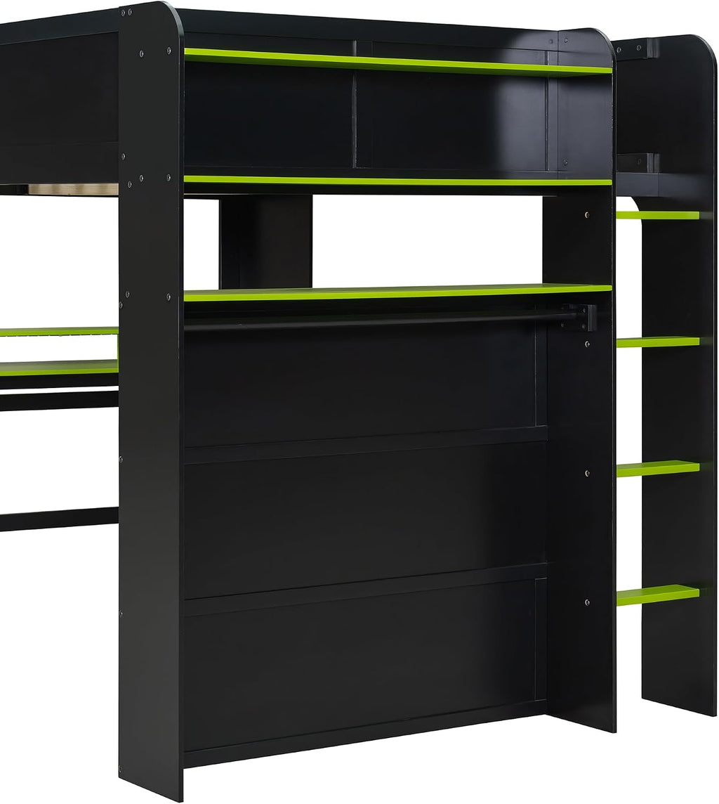 Full Size Wood Bunk Bed with Height-Adjustable Desk and Wardrobe,USB Port and RGB Light,for Kids Teens Adults Bedroom Use (Green#Wardrobe, Full)
